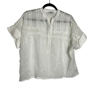 Madewell White Lace-Inset Pintucked Henley Top Semi Sheer Short Sleeve Small